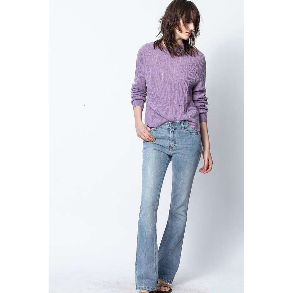 Jeans roxo outono e inverno novo nicho francês zv feminino gancho flor oco cashmere sólido roxo dividir camisola de malha