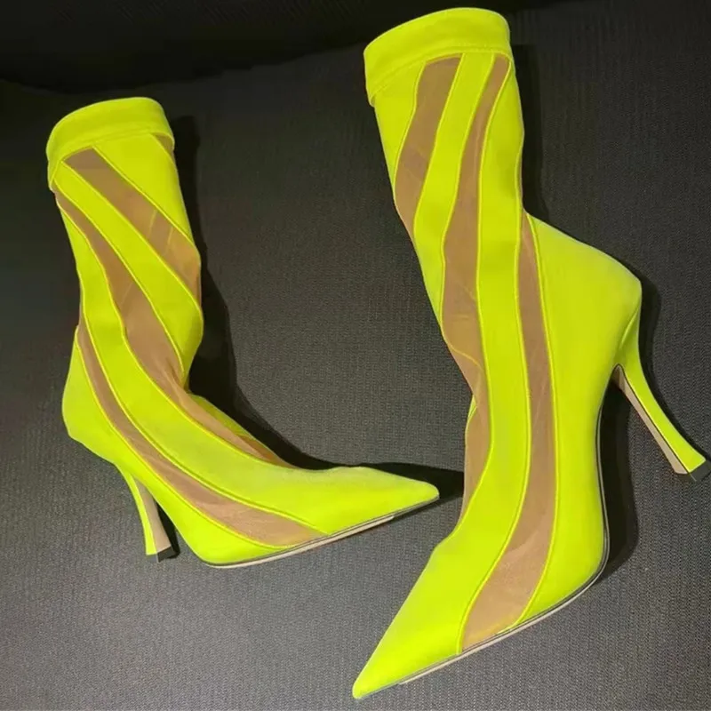 أحذية شبكية مخططة للأحذية مثير وأحذية ساق قصيرة مدببة من جلد العجل الخناجر الليلية أحذية ساق رقيقة 3541