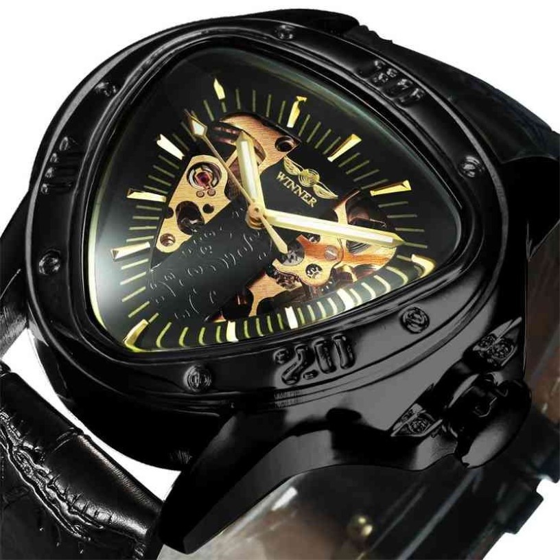 Vinnare Officiella klockor Mens Automatisk mekanisk klocka för män Top Brand Luxury Skeleton Triangle Gold Black 2103292497