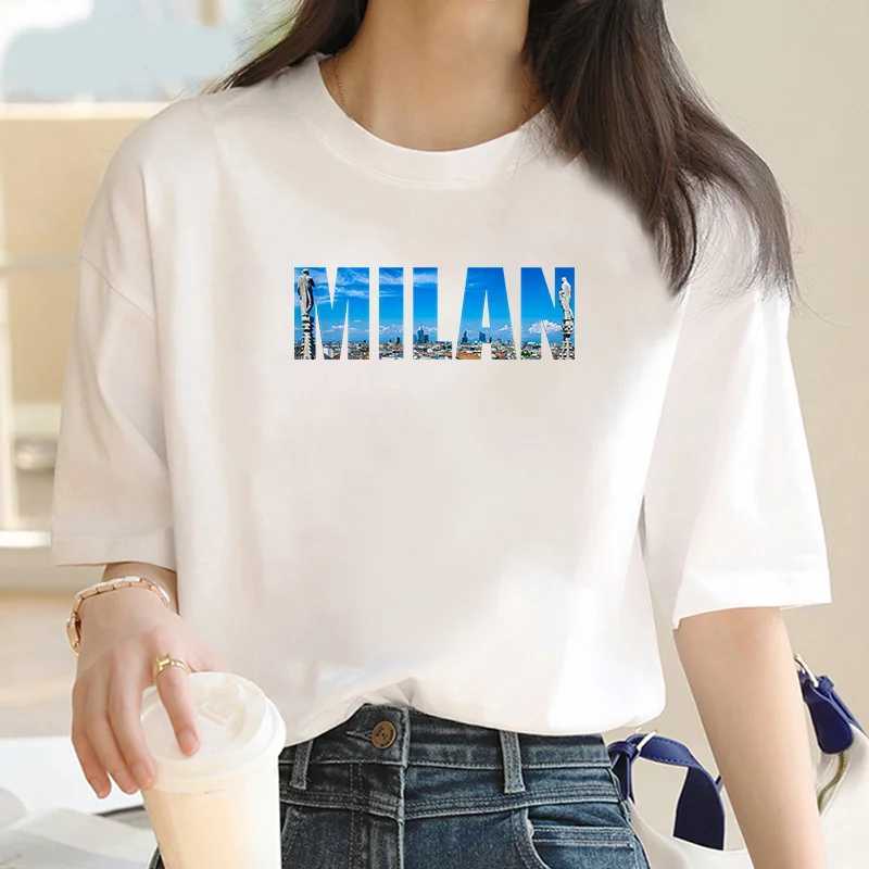 Damen-T-Shirt, Sommer-Damen-T-Shirts, Milan International Fashion Capital, bedruckt, kurzärmelige Damen-T-Shirts, Baumwolle, Damen-T-Shirts 240322