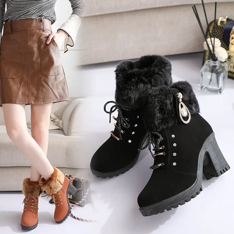 Laarzen dames bont laarzen dames winterschoenen vrouw ritssluiting casual knie laarzen bewaren warme sneeuwlaarzen zwart big size 3540