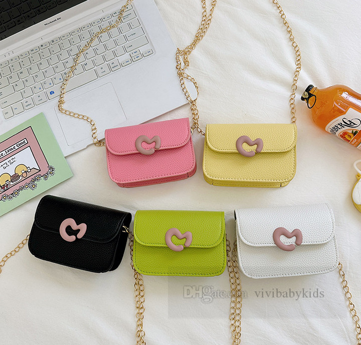 Girls love heart buckle handbags children candy color PU leather crossbody bag kids metals chain one-shoulder bags Z7288