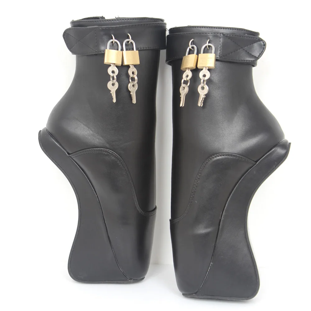 Boots 7 Inch High Heel Unisex Fetish Wedge Hoof Heelles Ankle High Lace Up Lock Ballet Boots Size 3646