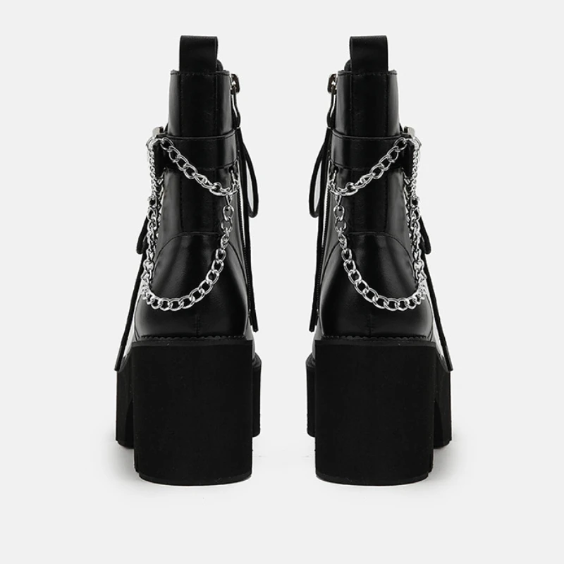 Boots Women's Black Motorcycle Boots Lace Up High Heels Side Zipper Large Size Platform Leather Boots Gothic Shoes Botas Plataforma