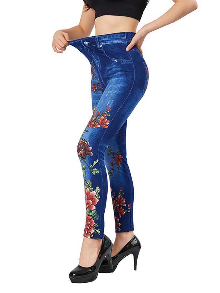 Jeans pour femmes CUHAKCI imprimé flamme ultra-mince adapté aux jeggings bleus femmes pantalons crayon décontractés élastique fausse poche jeans exercice yoga legsl2403