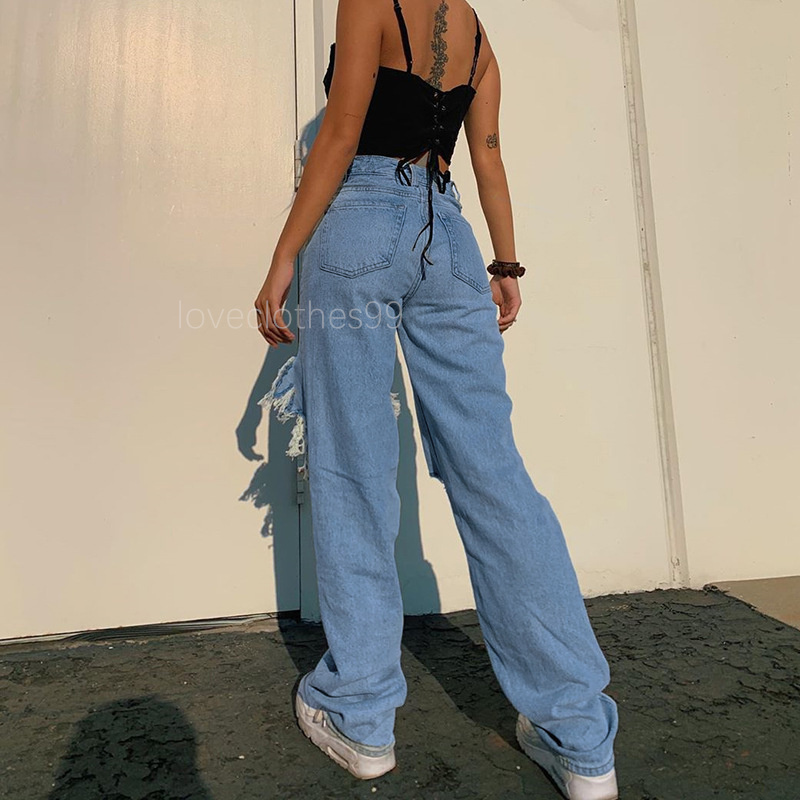 Europese en Amerikaanse trend Gescheurde gaten Hoge taille Losvallende Gril-jeans met wijde pijpen Slanke skinny jeans Overalls Herfstdenim Pencil Stretch Jeans Herfstbroeken voor dames