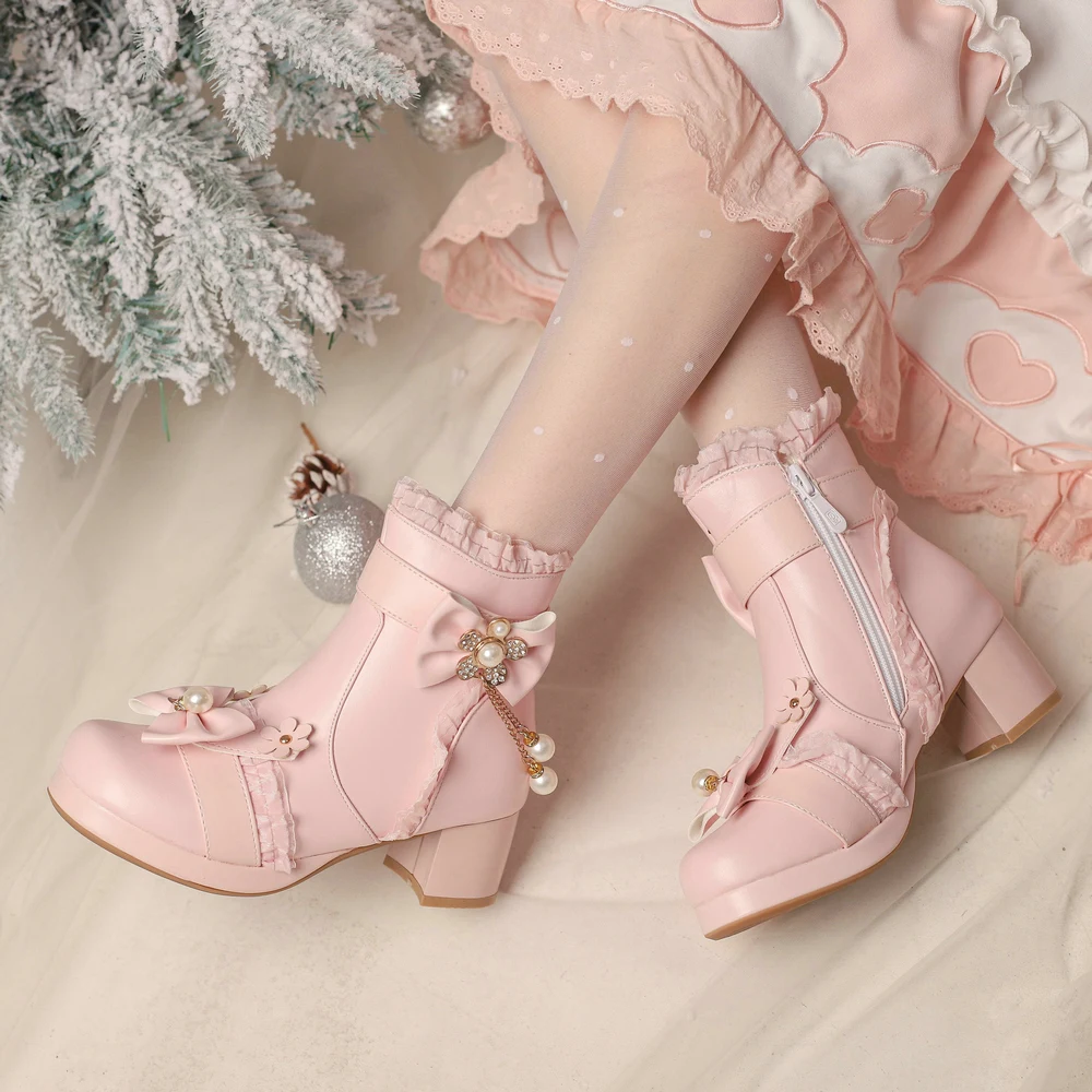 Boots Chaussures féminines Lolita Round Boots Boots Laceup Side Zipper School JK Uniforme Dress Footwear Girls Cosplay High Heels Pearl Pendant