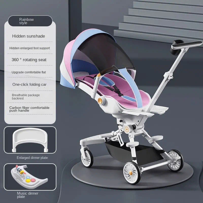 Stroller High View Foldable 6-12 Months Toddler Stroller Toys Baby Portable Two-Way One-Touch Foldable 95°-175° Lay-Flat Removable Food Tray Hidden Foot Support