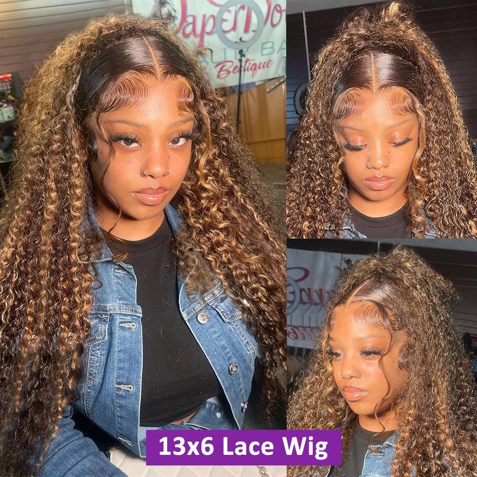 250 Density 30 Inch Highlight Honey Brown Curly Lace Front Human Hair Wigs 13x6 13x4 Ombre Colored Deep Wave Lace Frontal Wig