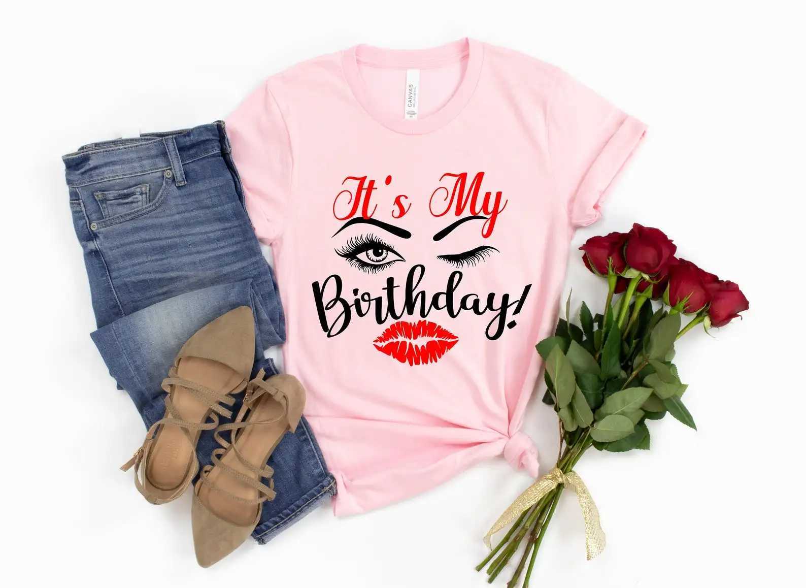 Женская футболка «Это мой день рождения», рубашка с принтом ресниц и губ, женская футболка с рисунком, женский подарок на день рождения королевы, праздничная футболка для девочек, летняя футболка верхнего уровня 240323