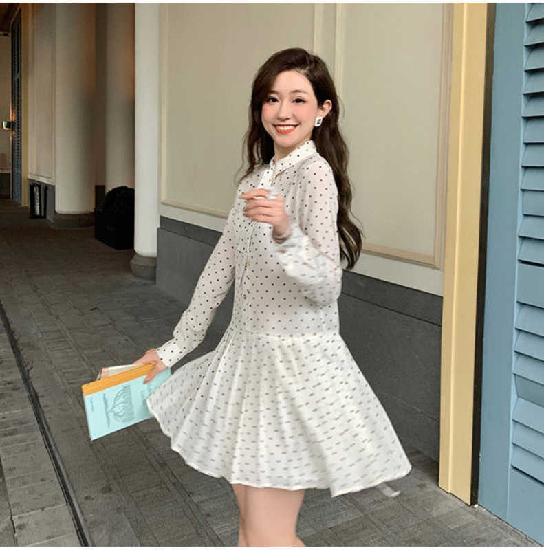 Basic & Casual Dresses designer brand Miu sweet polka dot printed unique dress, super beautiful lace up long sleeved pleated skirt, autumn new shirt skirt DITK