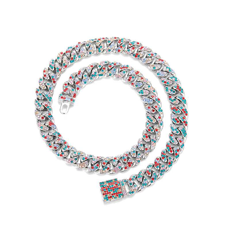 Bijoux européens et américains tendance de la mode collier hip-hop 13mm diamant coloré incrusté de diamants en alliage incrusté de bijoux de chaîne cubaine