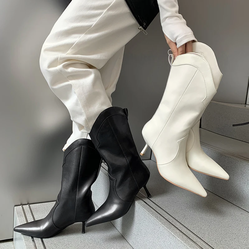 Boots Taoffen 2023 Nieuwe vrouwen Hoge haklaarzen Echt lederen dunne hak sexy ins winter vrouw schoenen feest dames schoenen maat 3439