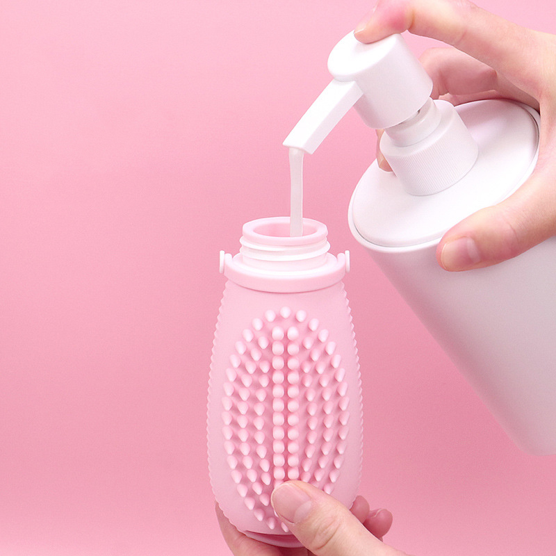 2 In 1 Silicone Refillable Empty Shampoo Bottle Liquid Hand Soap Lotion Container Dispenser Bath Shower Brush Hair Scalp Massager Scrubber Exfoliator Travel HW0213