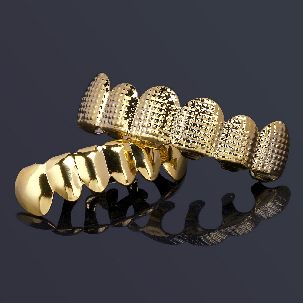 Karierte Textur Halloween Gold Mund Zähne Grillz Caps Oben Unten Kupfer Grill Set Männer Frauen Vampir Bucktooth Grills Rock Punk Rapper Männer Hiphop Schmuck