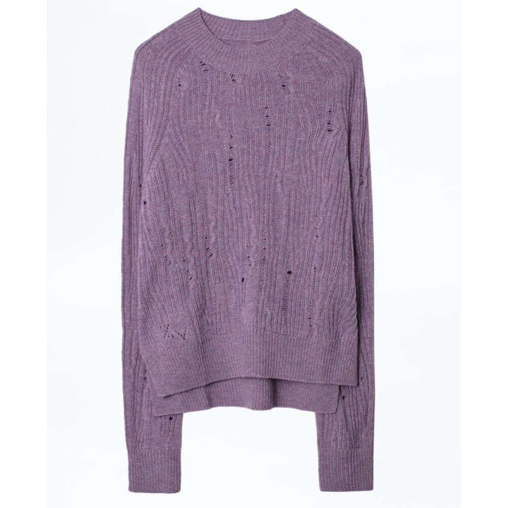 Jeans roxo outono e inverno novo nicho francês zv feminino gancho flor oco cashmere sólido roxo dividir camisola de malha