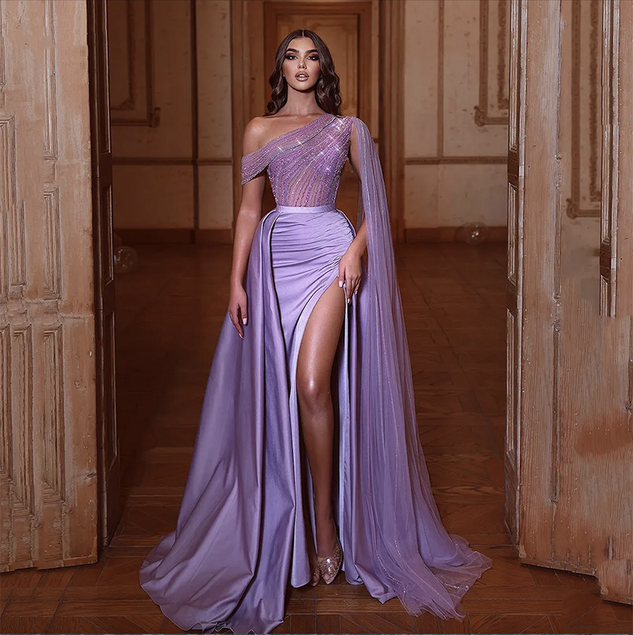 Purple Satin Mermaid Prom Dresses Sexy Strapless One Shoulder With Cape Shiny Sequins Appliques Side Slit Evening Gowns Plus Size Formal Party Gowns Custom Made