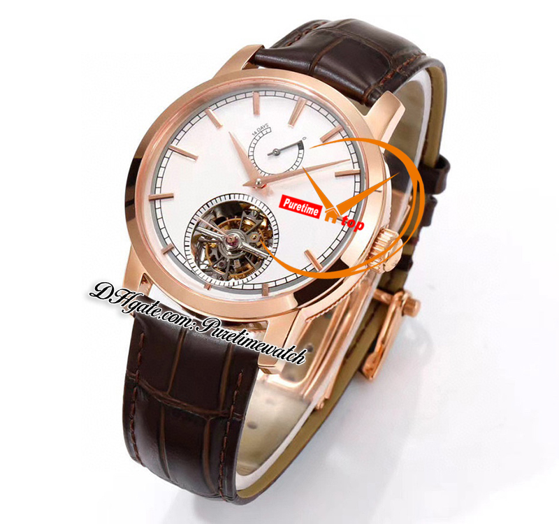 Tradycja dziedzictwa 159000 Real Tourbillon Instrukcja uzwojenia męskie zegarek power Reserve Rose Gold White Dial Browna skórzana super edycja Pureteim PTVC