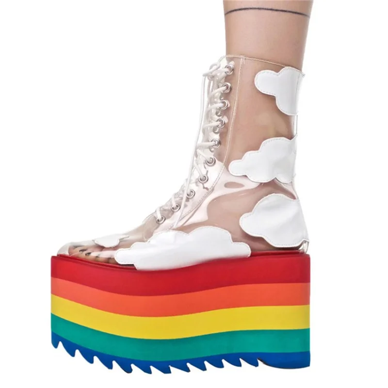 Stivali stivali da polpaccio da donna piattaforma piatta piatta con crossetta con il tallone alto tallone con le scarpe arcobaleno trasparente Zapatillas Mujer