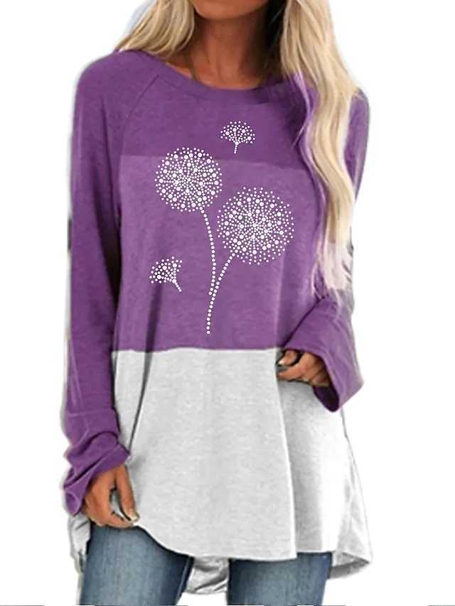 Women's T-Shirt Womens top T-shirt cartoon dandelion flower painting street sweater casual long sleeved round neck basic XS-8XL 240323