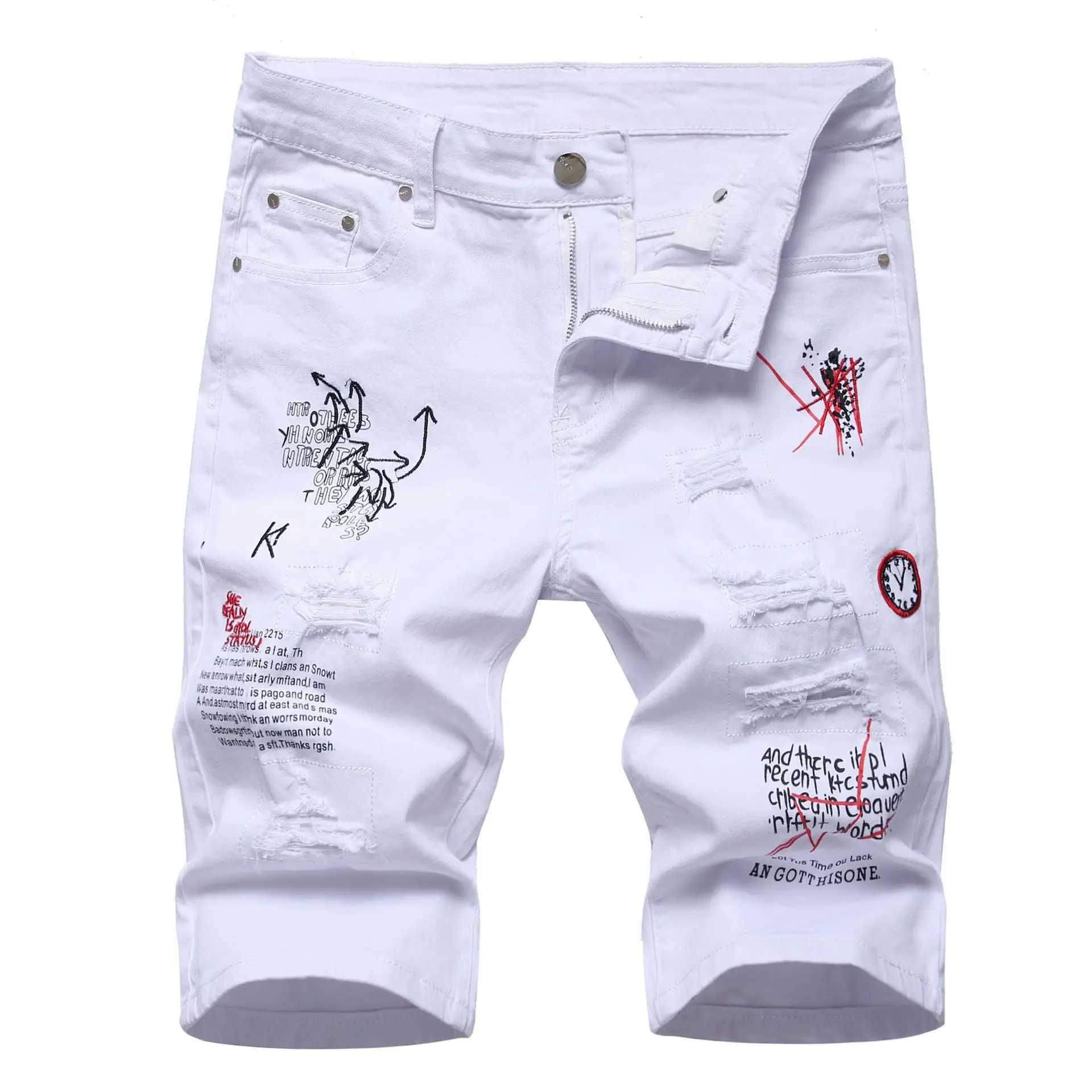 Shorts pour hommes 202Mens lettres imprimées short en jean brodé trou d'été déchirure jean short mince élastique noir et blanc J240322