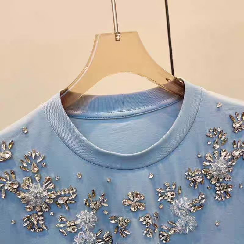 2024 printemps/été nouveau concepteur diamant perles décoration dames col rond doux T-shirt femmes à manches courtes t-shirts hauts