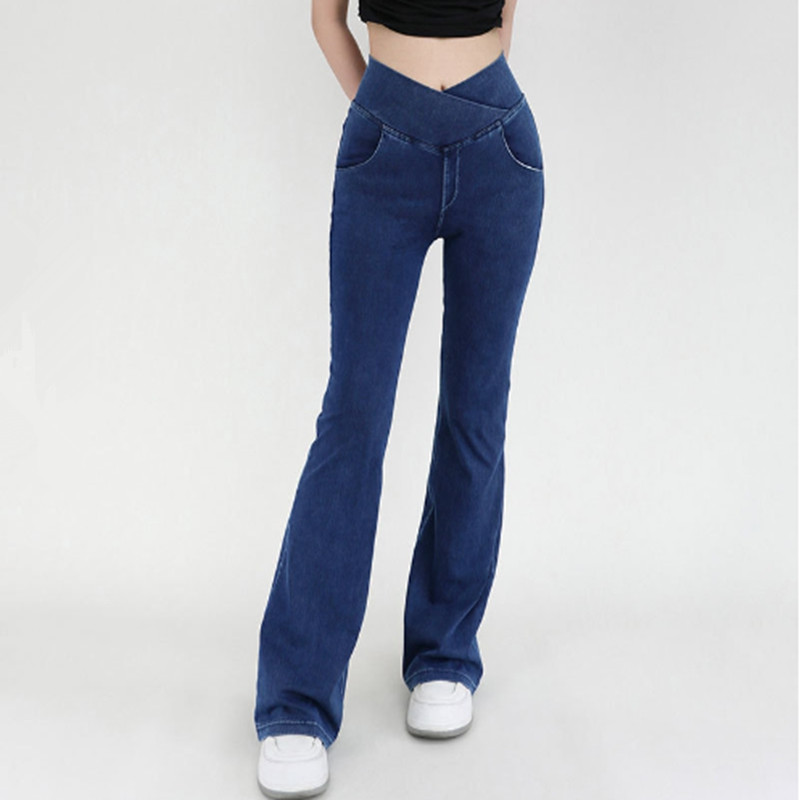 High waisted cross pockets denim fitness pants slim fit elastic wide leg pants for casual wear yoga pants-168