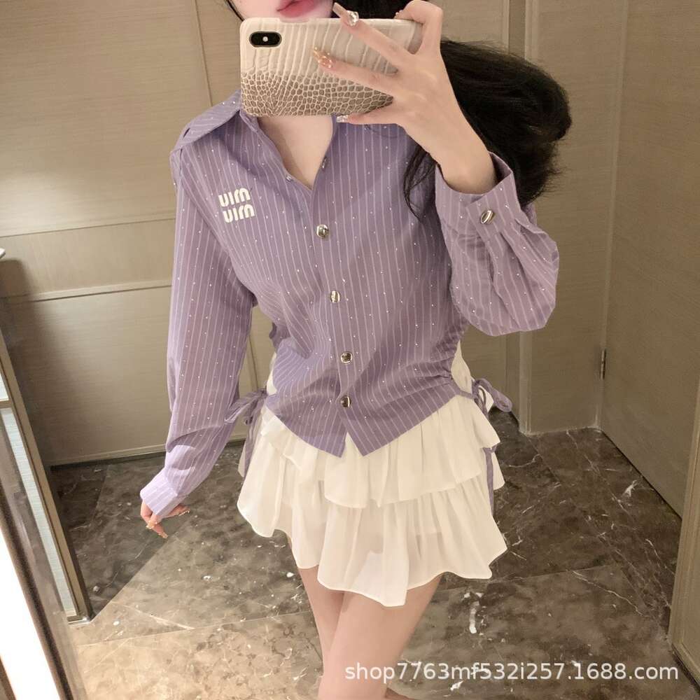 purple jeans Mm24 Early Spring New Niche Design Heavy Industry Hot Diamond Side Tie Stripe Temperament Top