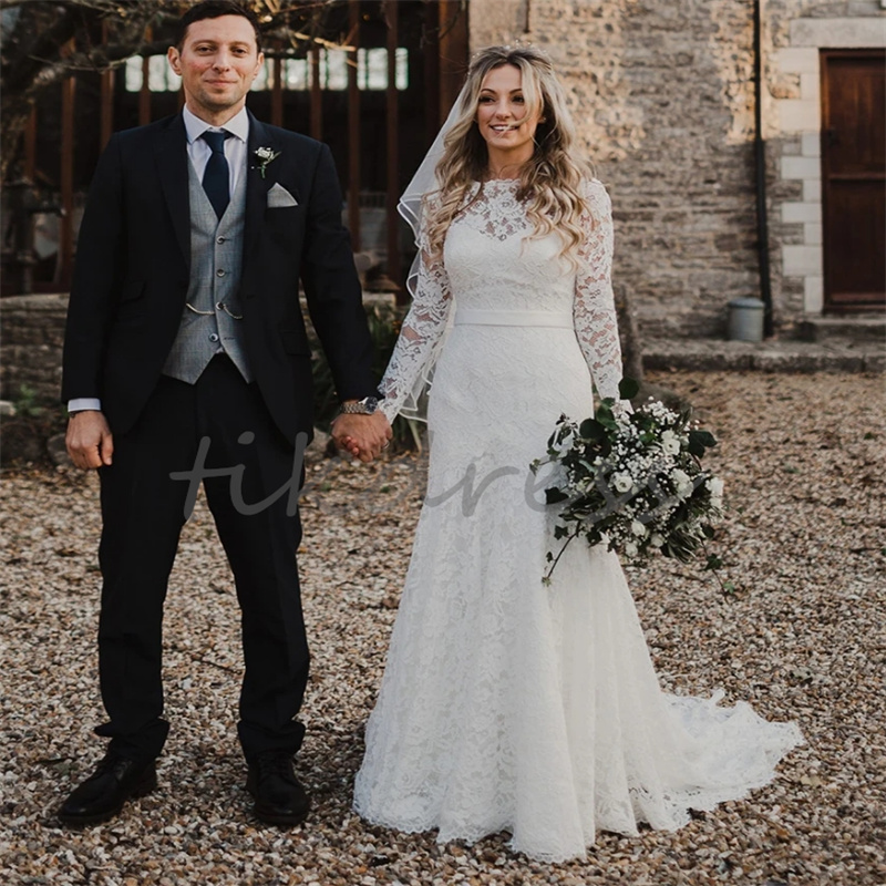 Suknie ślubne Fulllace 2024 Elegancka O syrena na szyję długie rękaw Boho Bridal Sukienki seksowne plecy na zewnątrz cywilna panna młoda kobiety vestidos de novia Roman Modern