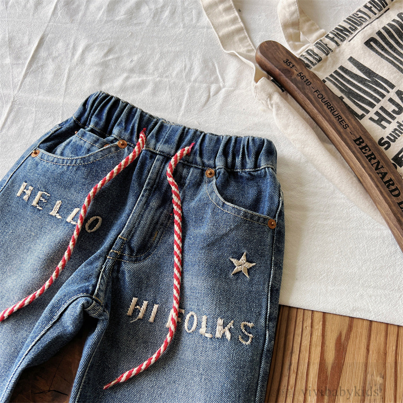 DD style Boys girls star letter embroidery jeans kids lace-up elastic waist denim pants 2024 summer children casual cowboys trousers S1255