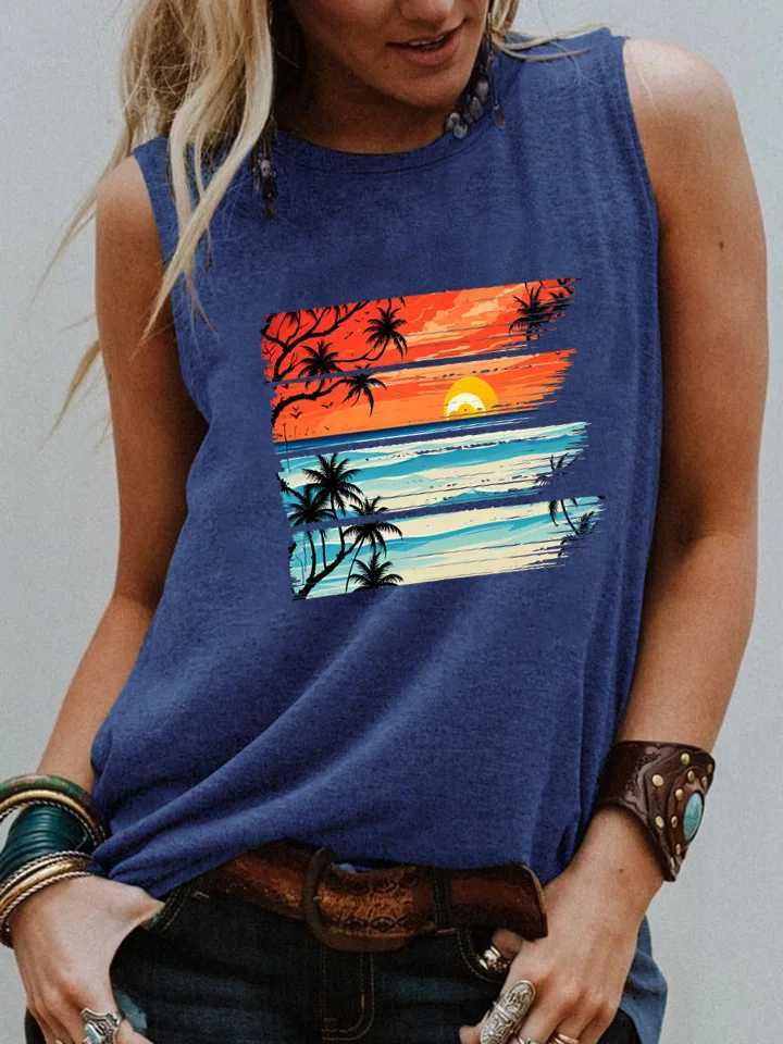 Débardeurs pour femmes Camis rétro scène de coucher de soleil Tropical été coloré débardeur tendance palmier plage T-shirt à manches longues femmes mode décontracté Vintage TopL2403