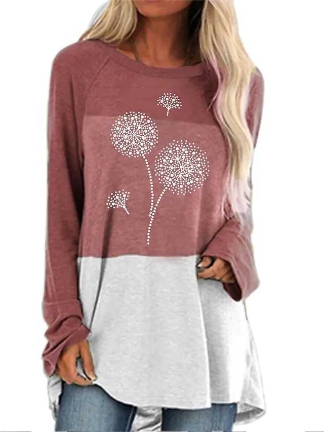 Женская футболка Женская футболка с рисунком цветка одуванчика, уличный свитер, повседневный свитер с длинными рукавами и круглым вырезом, базовый размер XS-8XL 240322