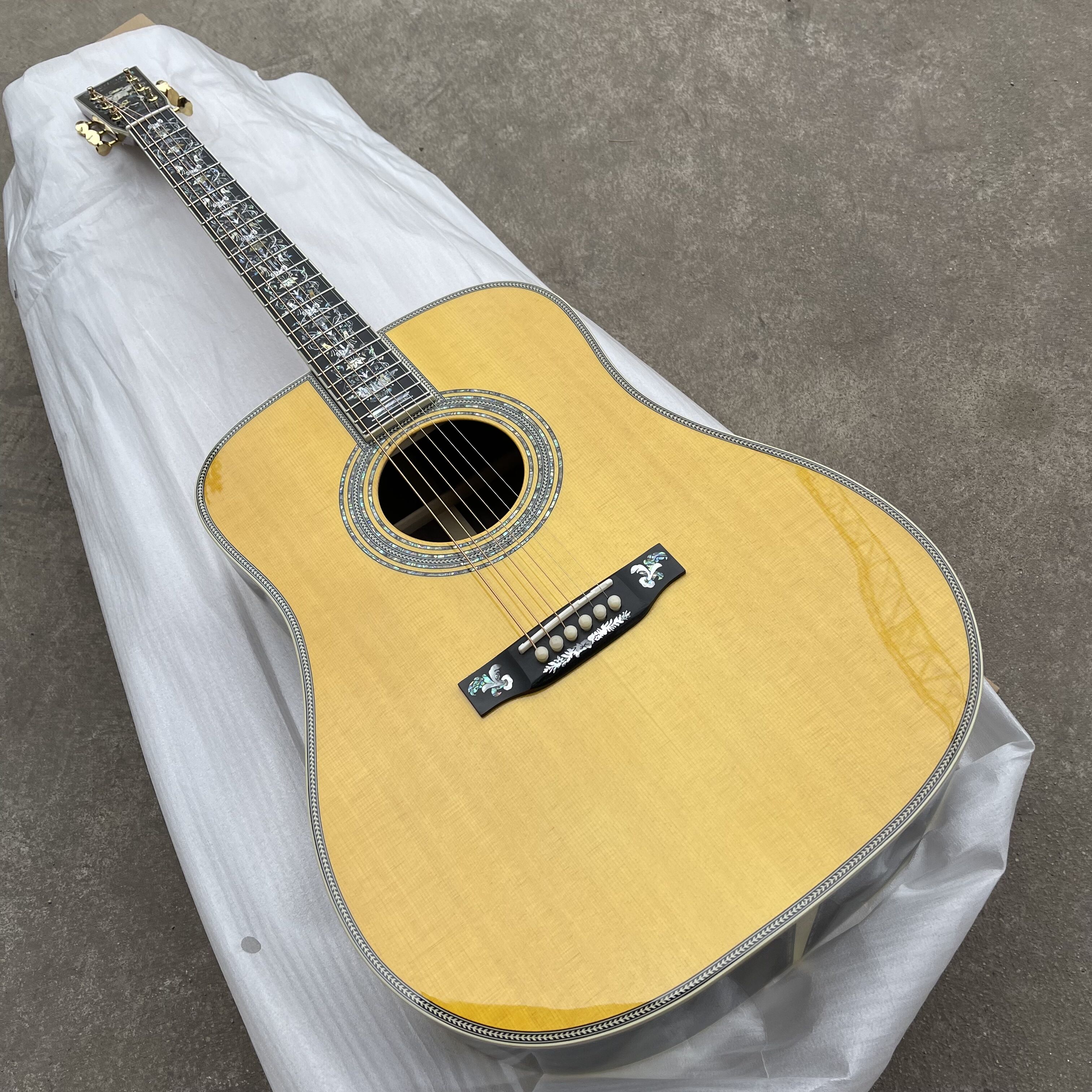 Guitare électrique acoustique luxueuse, tout en bois massif, véritable ormeau, modèle 45 en naturel, vente en gros d'usine, nouvel arrivage