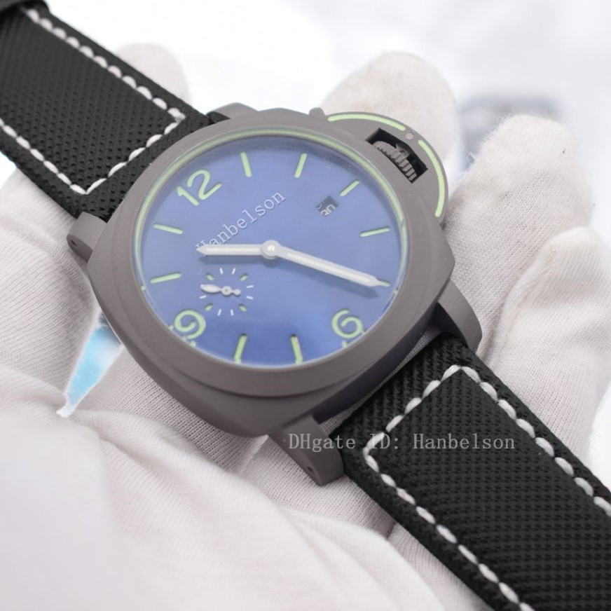 Yeni Mens Saatleri Otomatik Mekanik Kol saatleri Titanyum Kılıf Mavi Deri Kayış 44mm Montre de Luxe Hanbelson262Z