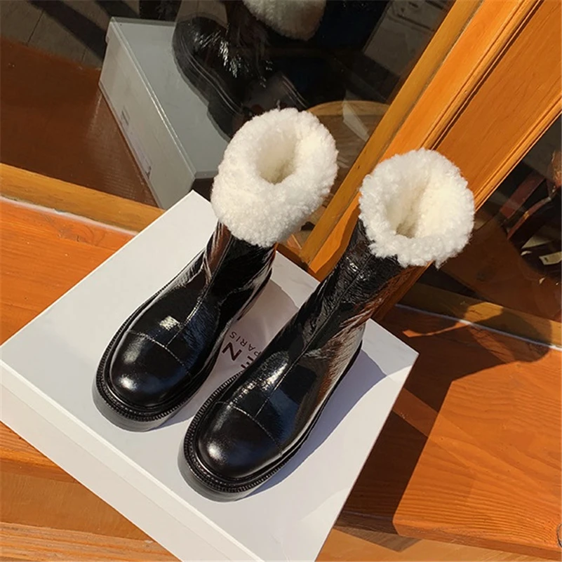 ブーツMeotina Women Shoes Fur Snow Boots Thick Med Heel Platform Midcalf Boots Round Toe Fashion Ladies Boots WinterBlack3540