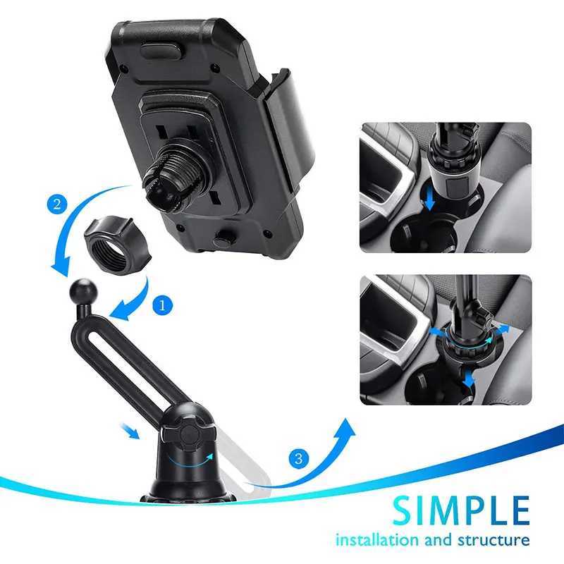 Suportes de montagem de telefone celular Universal Car Cup Phone Holder Celular Mount Stand Ajustável Car Cup Phone Mount para iPhone 14 Huawei Samsung 240322