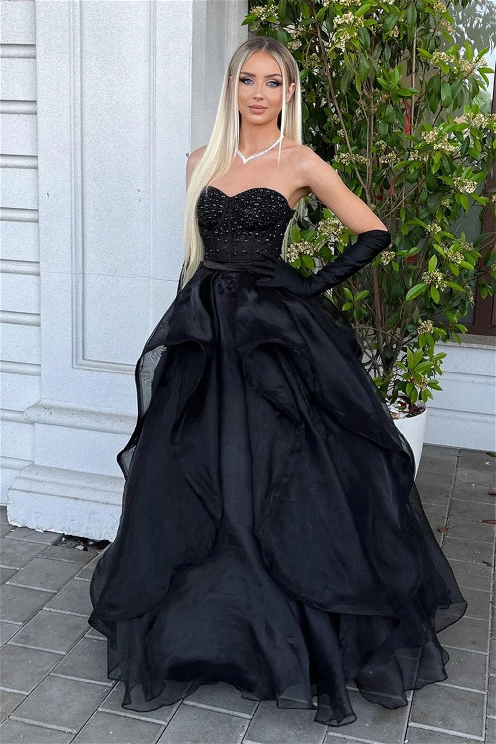 Schwarze Abend-Ballkleider mit Rüschen, sexy, rückenfrei, Schatz-Damenformelles Kleid, Aso Ebi, Pailletten, Perlen, Organza, Übergröße, Vestidos, Abschlussballkleid für den zweiten Empfang, CL3404