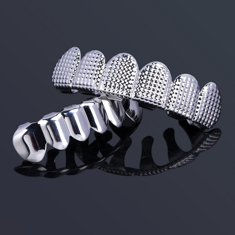 Karierte Textur Halloween Gold Mund Zähne Grillz Caps Oben Unten Kupfer Grill Set Männer Frauen Vampir Bucktooth Grills Rock Punk Rapper Männer Hiphop Schmuck