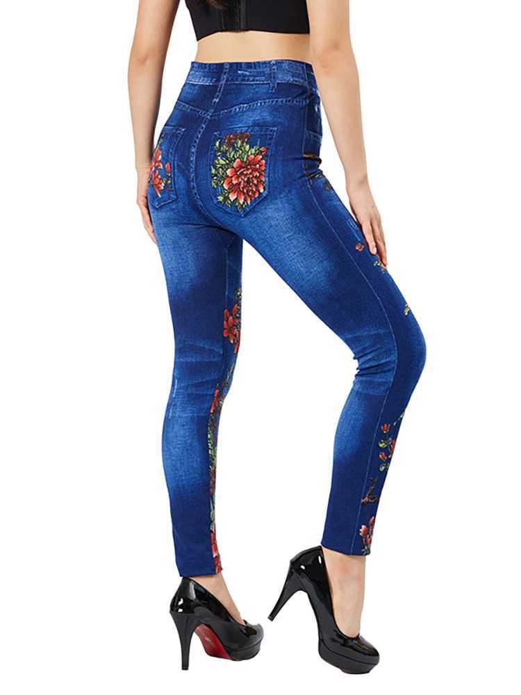 Jeans femininos CUHAKCI chama impressão ultra-fino adequado para jeggings azuis mulheres calças lápis casuais elásticas bolso falso jeans exercício yoga pernasL2403