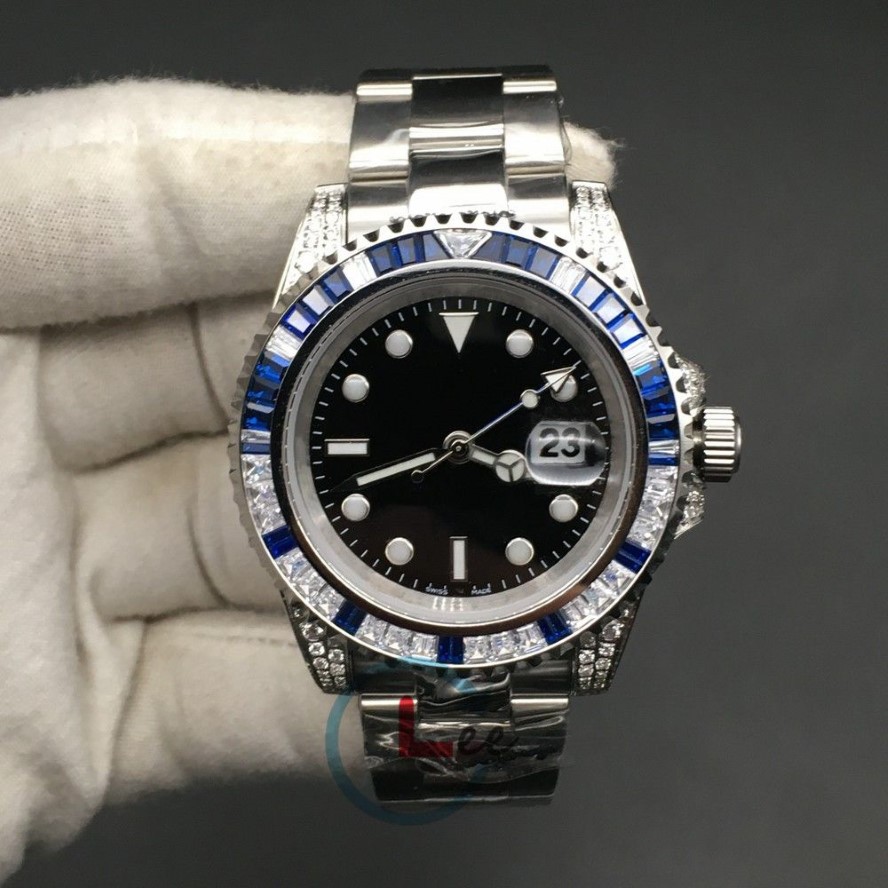 Subklockor av hög kvalitet män safir svarta blå diamanter Bezel rostfritt stål 40mm automatisk mekanisk armbandsur gåva286o