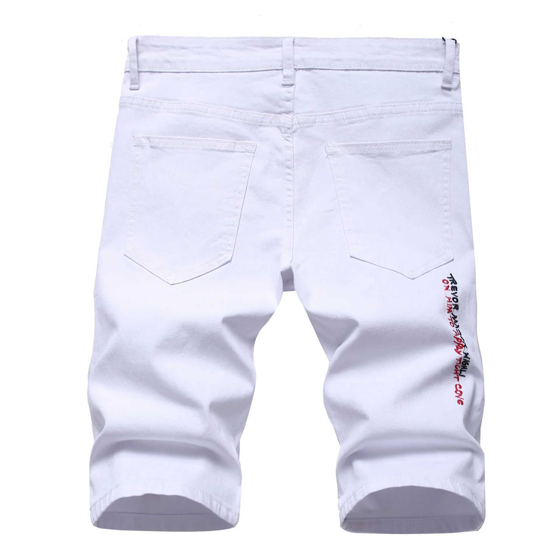 Mäns shorts 202mens bokstäver tryckt broderade denim shorts sommarhål tår jeans shorts tunna elastiska svartvita J240322