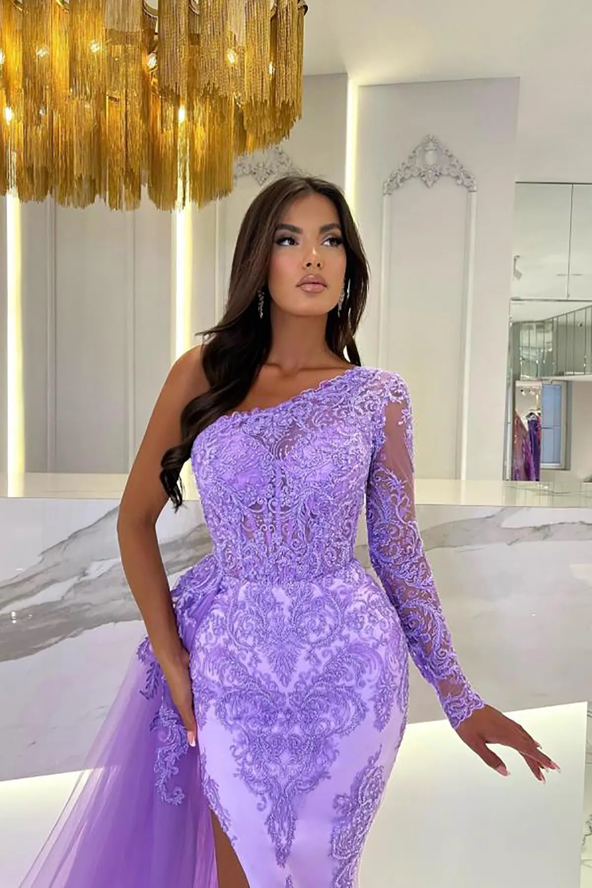 Purple Lace Mermaid Evening Dresses Illusion One Shoulder Long Sleeve Prom Gowns Custom Made Party Club Dress