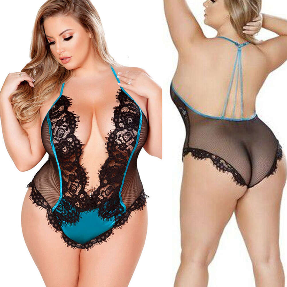 Tamanho grande chubby mm renda malha perspectiva pendurado pescoço lingerie sexy de uma peça 1240 948206