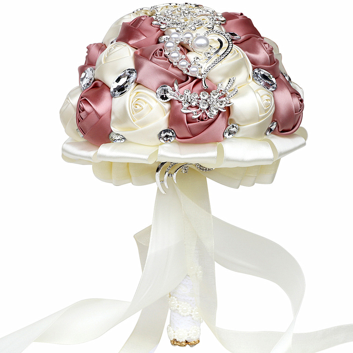Flores de boda de rosas de satén hechas a medida, ramo de novia con cuentas de cristal, rosa brillante, marfil, blanco, azul, rojo, mezcla de colores, suministros de flores hechas a mano