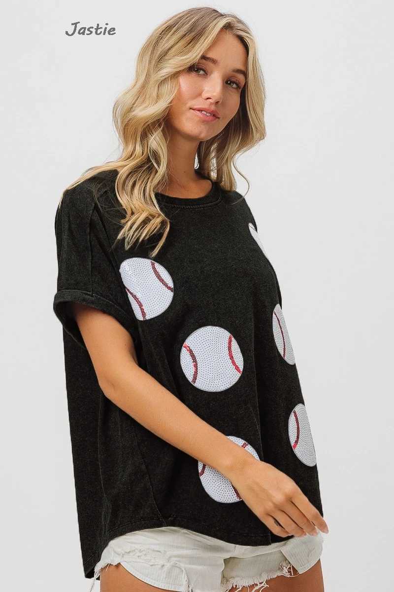 女性用Tシャツ2024春/夏の女性Tシャツスパンコール野球ゲームルーズTシャツレディース半袖Oネックジッパートップ240322