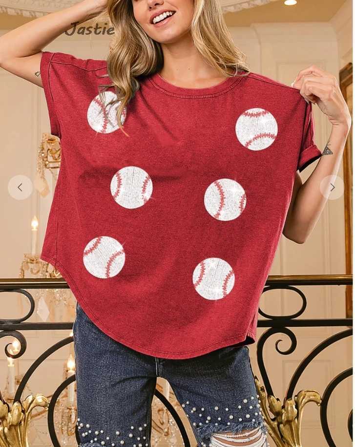 T-shirt da donna 2024 Primavera/Estate T-shirt da donna con paillettes Gioco di baseball T-shirt allentata da donna a maniche corte con o-collo con cerniera 240322