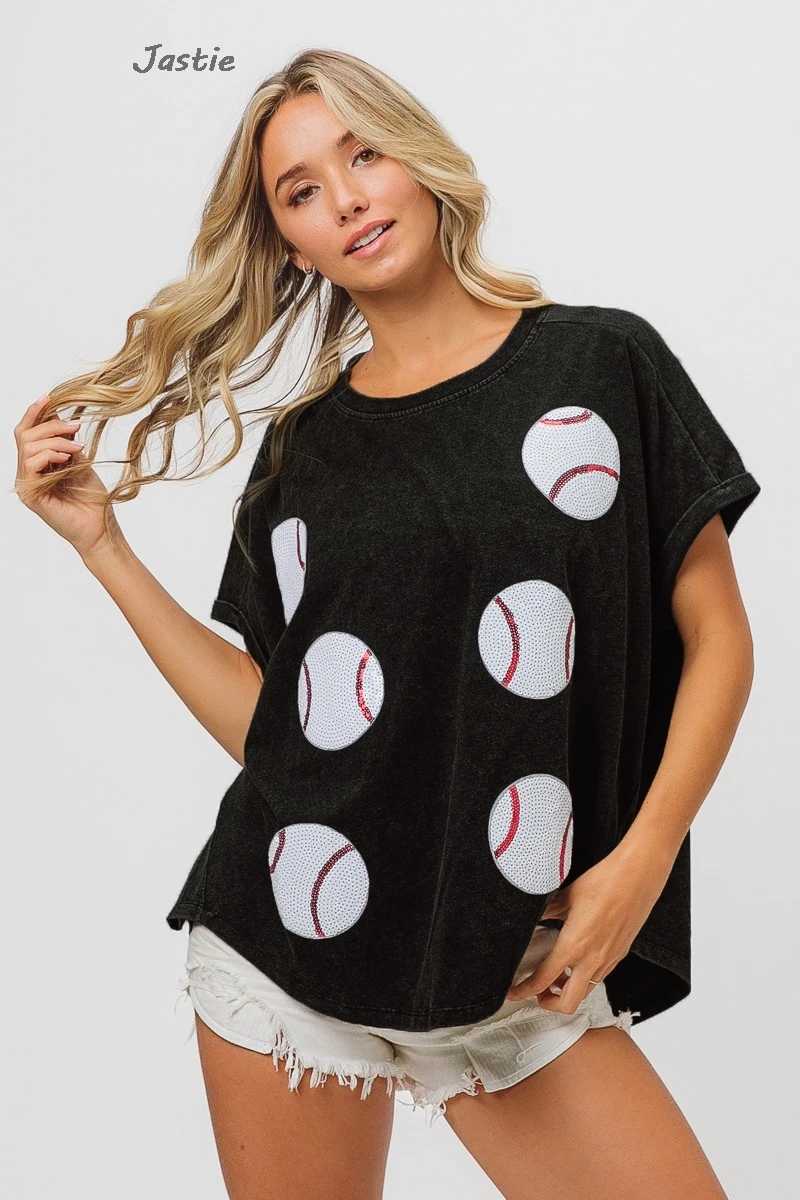 T-shirt Femme 2024 Printemps / Été T-shirt Femme Paillettes Jeu de Baseball T-shirt Ample Femme Manches Courtes O-cou Fermeture Éclair Top 240322