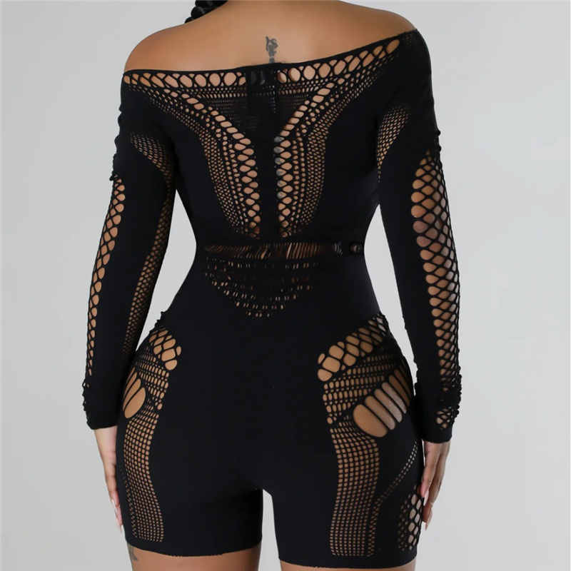 2024 Designer Hollow Out Jumpsuits Lente Vrouwen Mesh Patchwork Rompertjes Sexy Lange Mouwen Skew Kraag Speelpakjes Nachtclub Dragen Groothandel kleding 10824