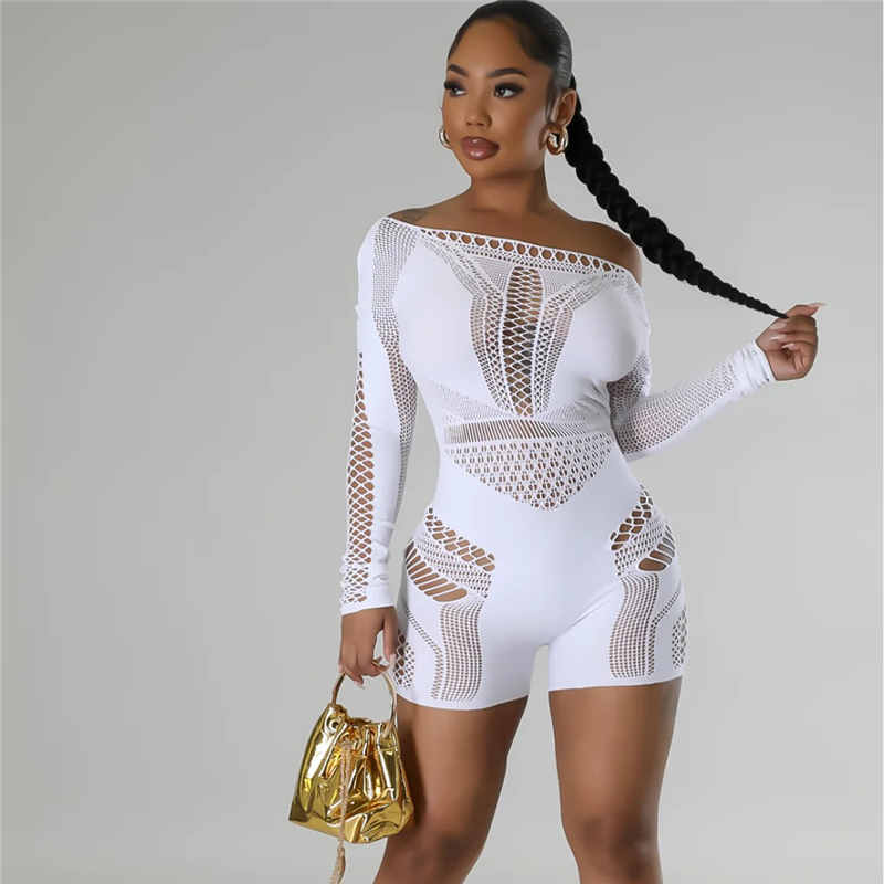 2024 Designer Hollow Out Jumpsuits Spring Women Mesh Patchwork Rompers Sexy Long Sleeve Skew Collar Playsuits Night Club Wear Wholesale Clothes 10824