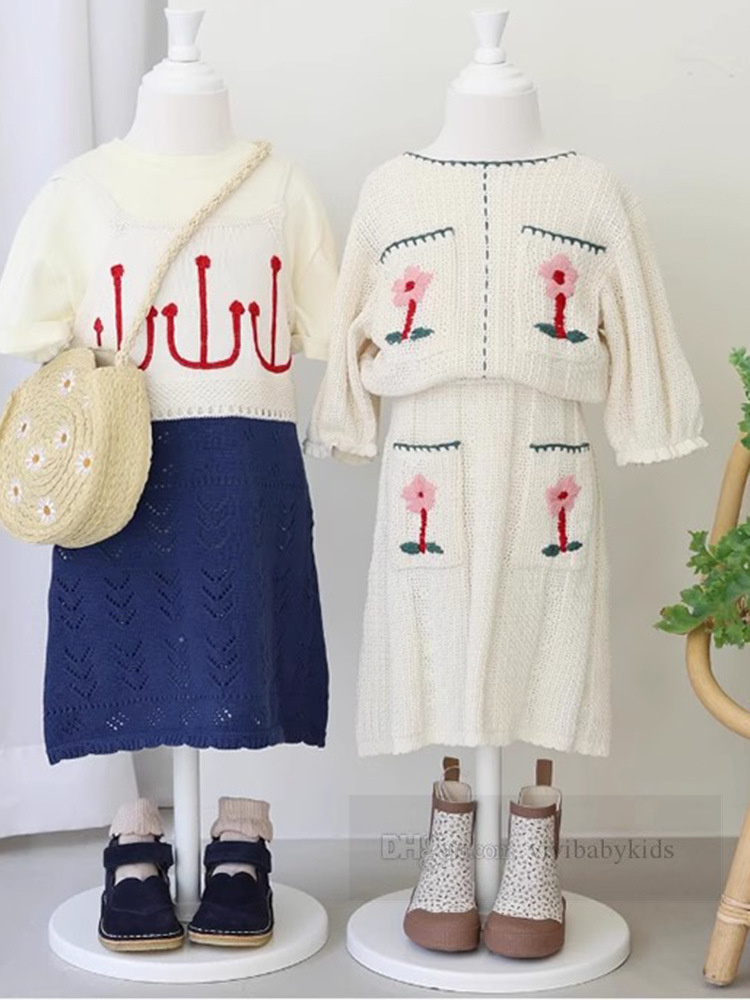 子供の編み衣服セット女の子の花刺繍セータープルオーバースカート2024夏の子供薄いプリンセス衣装Z7294